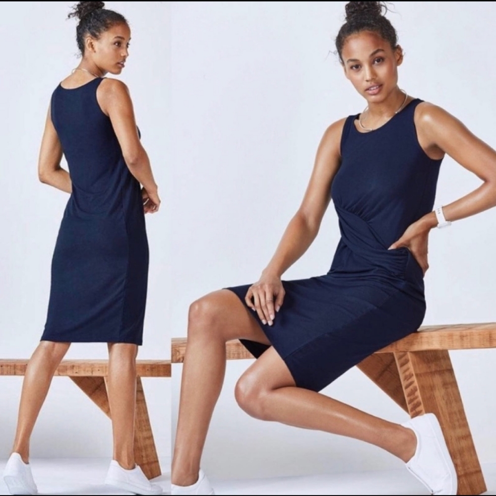 Fabletics Front Draped Detail Blue Retta Jersey Midi Dress